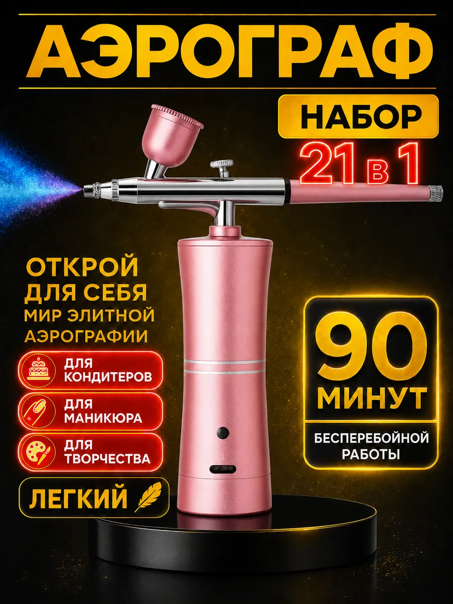 Аэрограф с компрессором портативный розовый