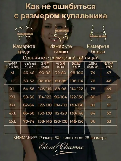 Elen&Charme Купальник слитный SPF с юбкой утягивающий больших размеров, синий, фото 7