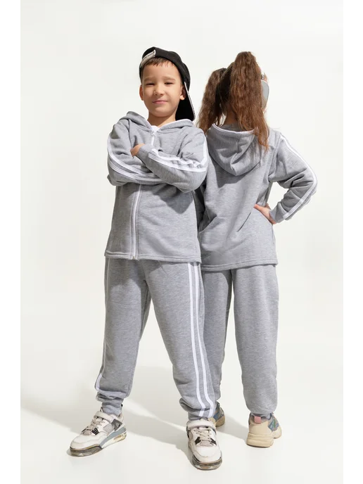 Blossom kids спортивный костюм детский с лампасами и капюшоном на молнии, серый, фото 2