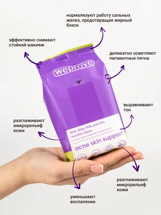 Weprove Мицеллярные салфетки для лица с кислотами Корея, 30 шт, фото 2
