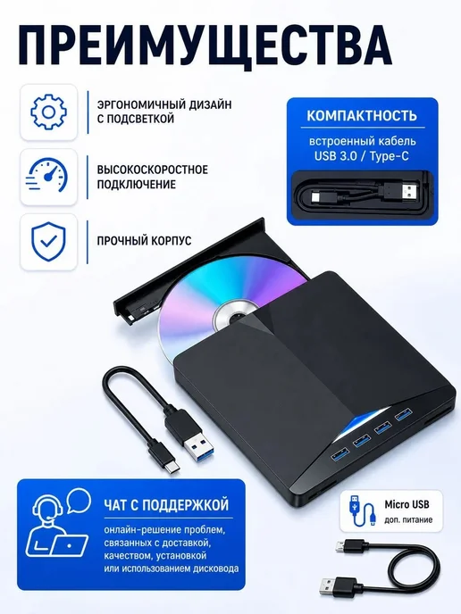 Внешний дисковод для ноутбука USB 3.0 CD-RW DVD-R, и компьютера 7в1, фото 2