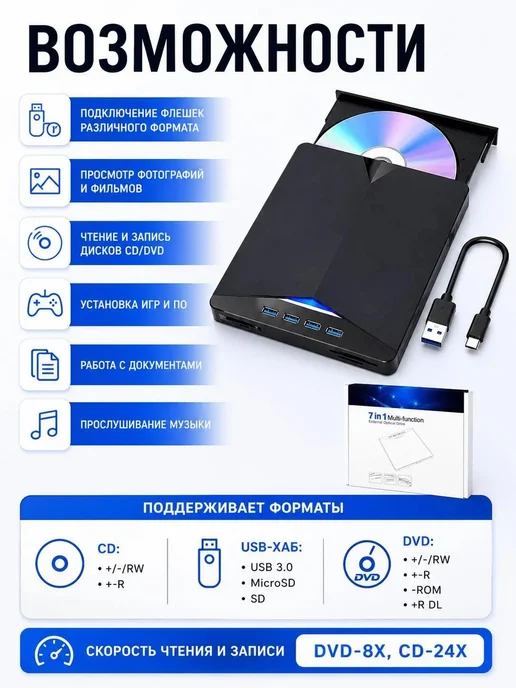 Внешний дисковод для ноутбука USB 3.0 CD-RW DVD-R, и компьютера 7в1, фото 4