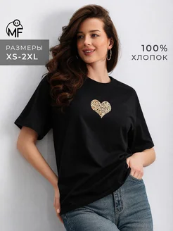 Футболка женская оверсайз черная с принтом хлопок