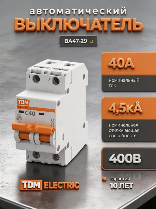 TDM Electric Автоматический выключатель ВА47-29 40А автомат двухполюсной, белый