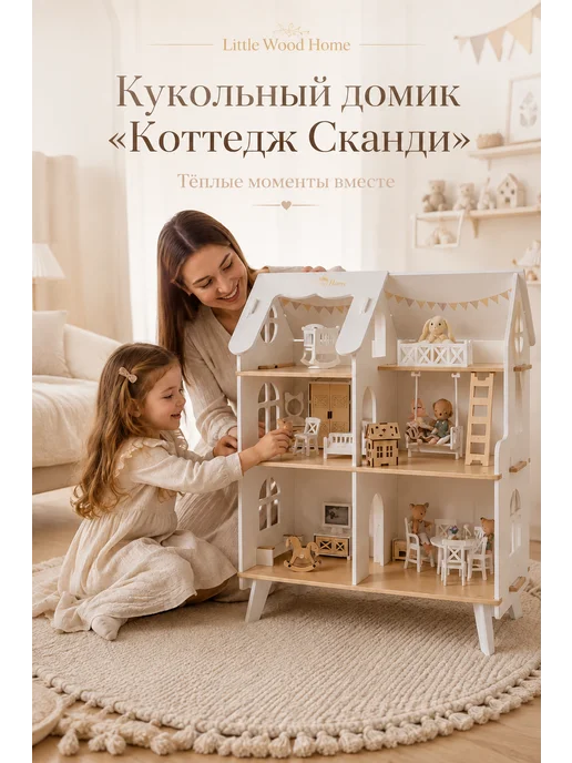 Little Wood Home Кукольный домик деревянный Сканди 3 этажа для кукол 10–16 см, Коттедж Сканди на ножках