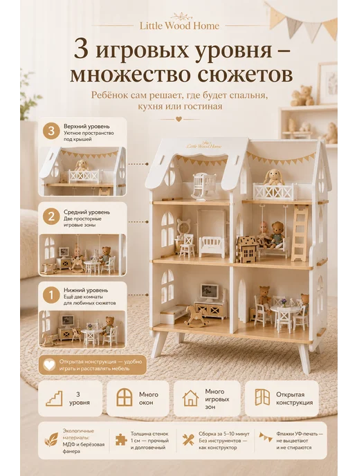 Little Wood Home Кукольный домик деревянный Сканди 3 этажа для кукол 10–16 см, Коттедж Сканди на ножках, фото 3