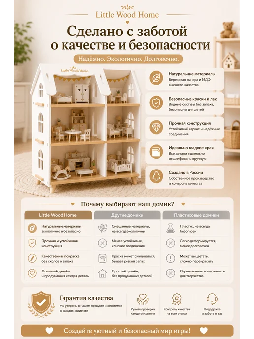 Little Wood Home Кукольный домик деревянный Сканди 3 этажа для кукол 10–16 см, Коттедж Сканди на ножках, фото 8