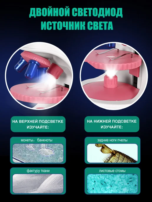 HIPIMVP Микроскоп детский школьный с образцами 1600х, розовый, фото 6