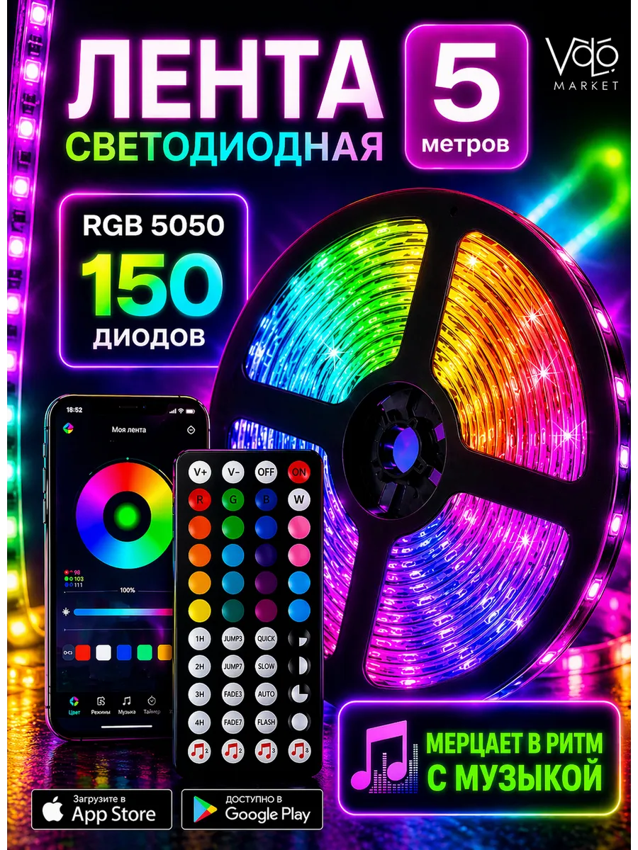 Светодиодная лента 5 метров с пультом RGB LED