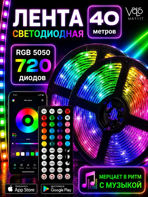 VoLoMarket Светодиодная лента 40 метров с пультом RGB LED, 40 м
