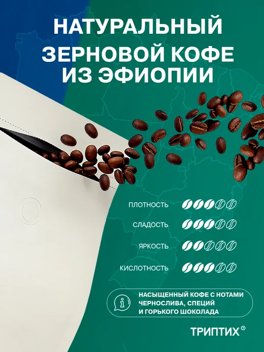 Триптих Кофе в зернах 1 кг Эфиопия Кушита, чернослив и шоколад, 1 кг, фото 2