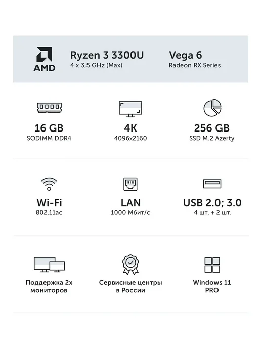 AZERTY Неттоп мини ПК AZ-0025 Ryzen5 3500U 4x3,7GHz, 8Gb, 256Gb, 16 ГБ, 256 ГБ, фото 4