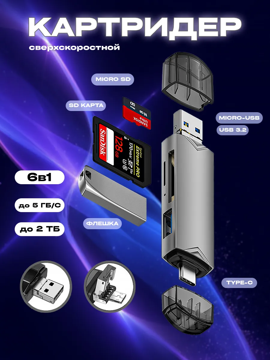 Картридер 3.0 для карт памяти USB, SD и Micro SD, TF