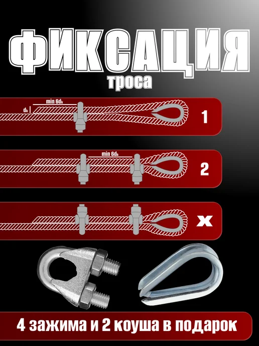 Трос из нержавеющей стали (d 2 мм) 50 м, 4 зажима+2 коуша, 5 м, фото 3