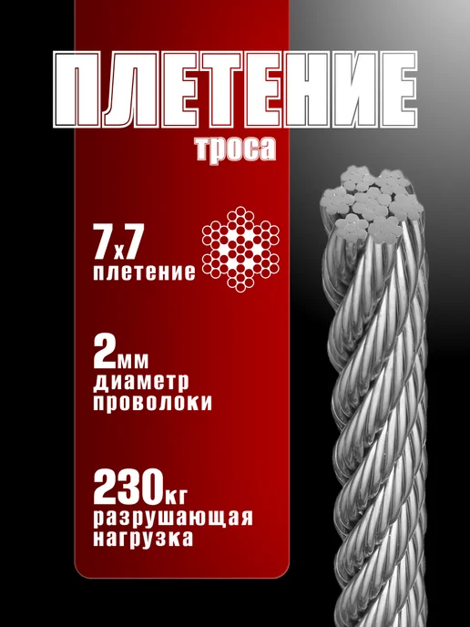 Трос из нержавеющей стали (d 2 мм) 50 м, 4 зажима+2 коуша, 50 м, фото 2