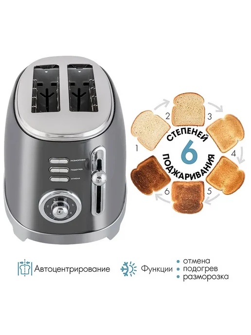 TUAREX Тостер TK-6007, графитовый, серый, фото 3