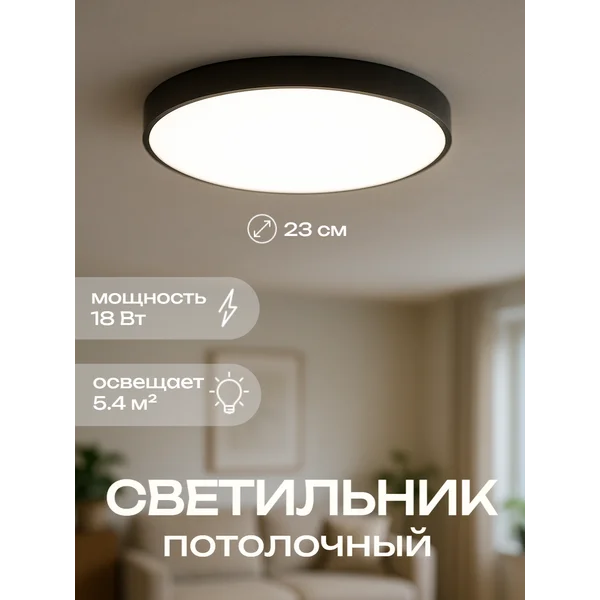 Светильник Минимал круг LED 6500к черный 23х23х5см
