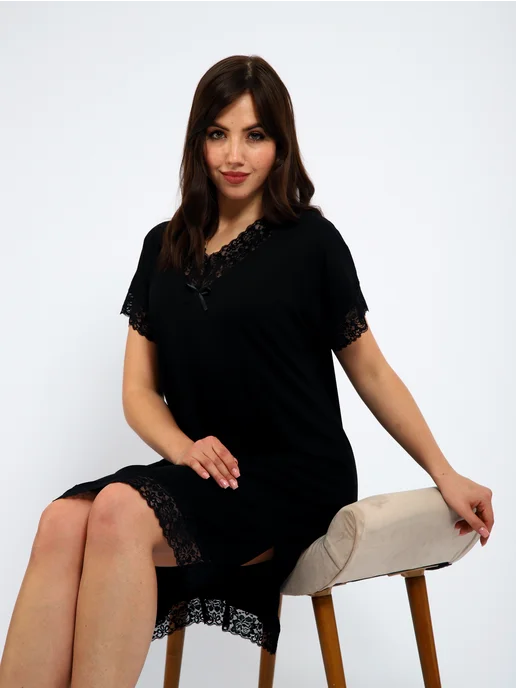 AMIRAM MODA ночная сорочка с кружевом большие размеры, черный, фото 5