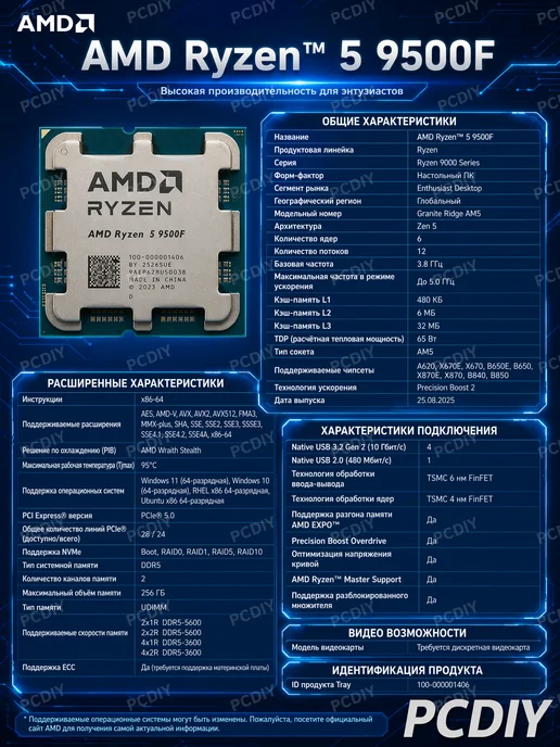 AMD Ryzen 5 9500F AM5 Процессор, AM5, фото 4