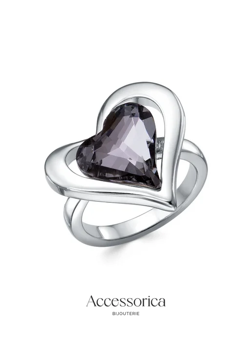 Аксессорика Кольцо с большим камнем сердце бижутерия Accessorica, черный, фото 2