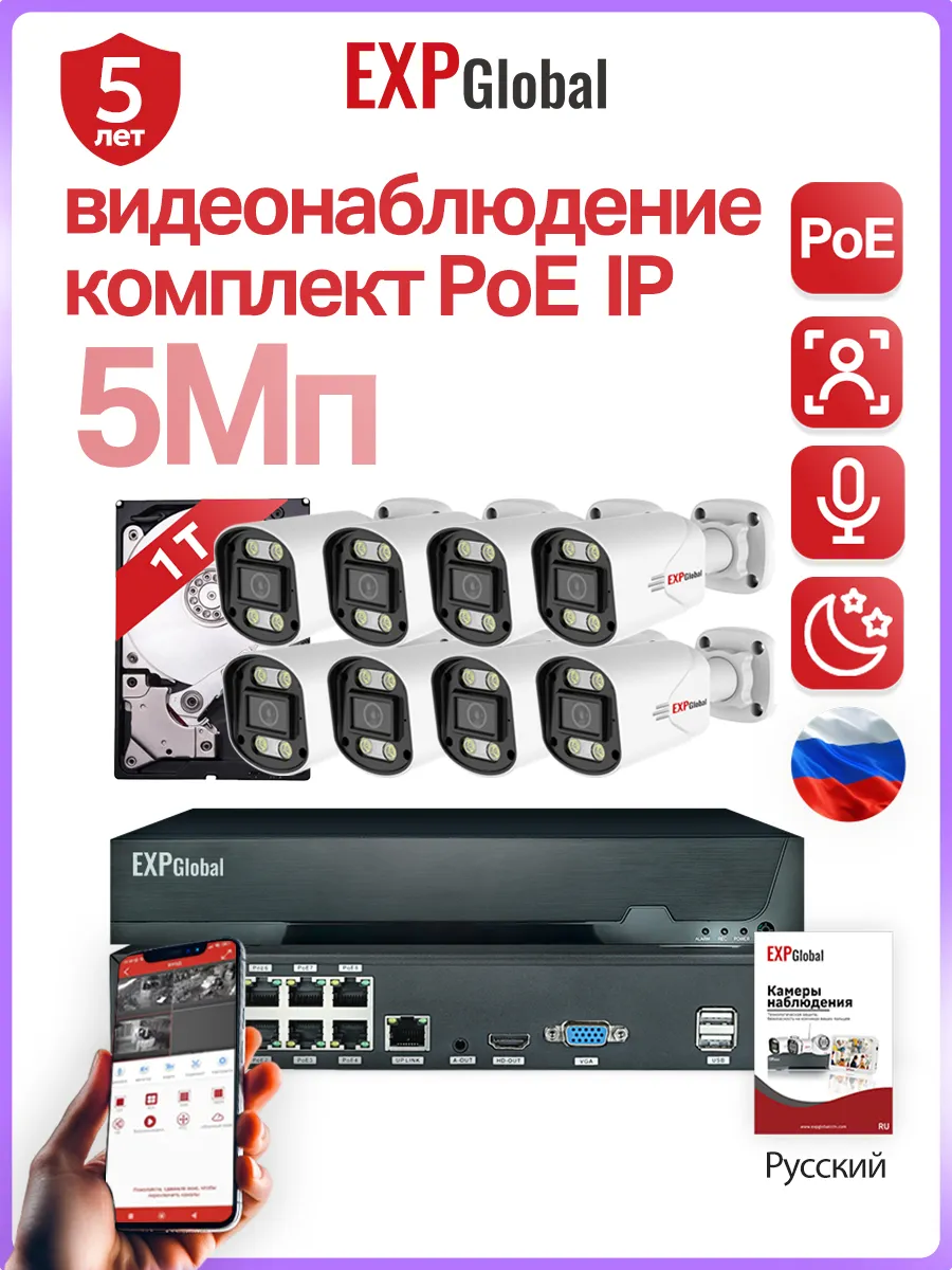 Комплект видеонаблюдения уличные 8 камеры POE 1T HDD