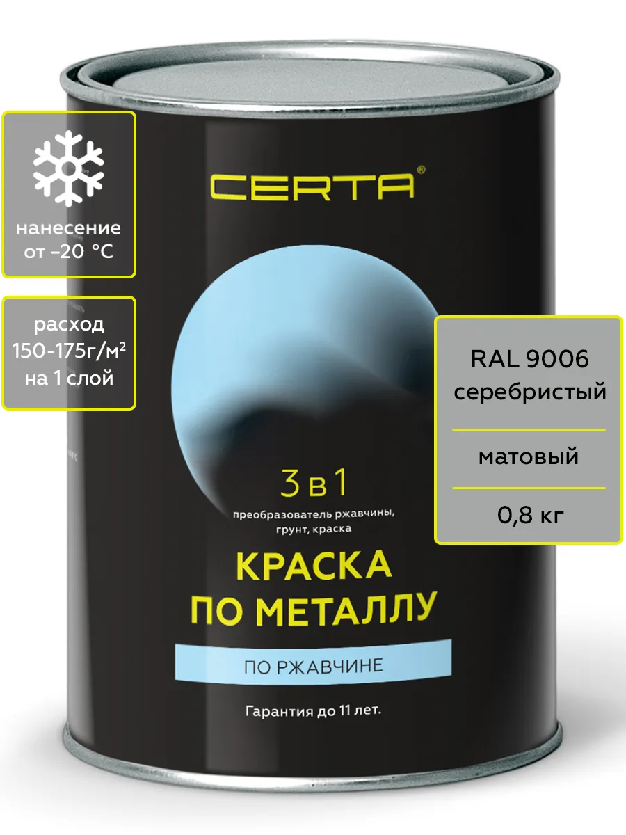 Краска по металлу и ржавчине, 3 в 1 серебристый 0,8 кг