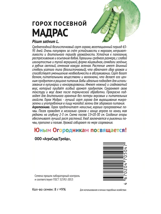 Агросидстрейд Горох посевной Мадрас, 3 пакета, зеленый, фото 2
