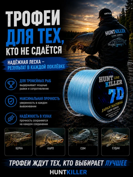 HuntKiller Леска рыболовная 500 метров 7D 0.20 мм тонущая, 500 м, фото 3
