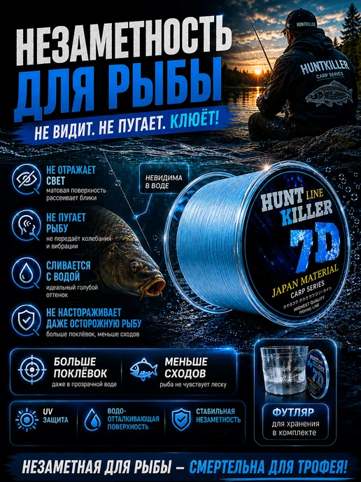 HuntKiller Леска рыболовная 500 метров 7D 0.20 мм тонущая, 500 м, фото 4