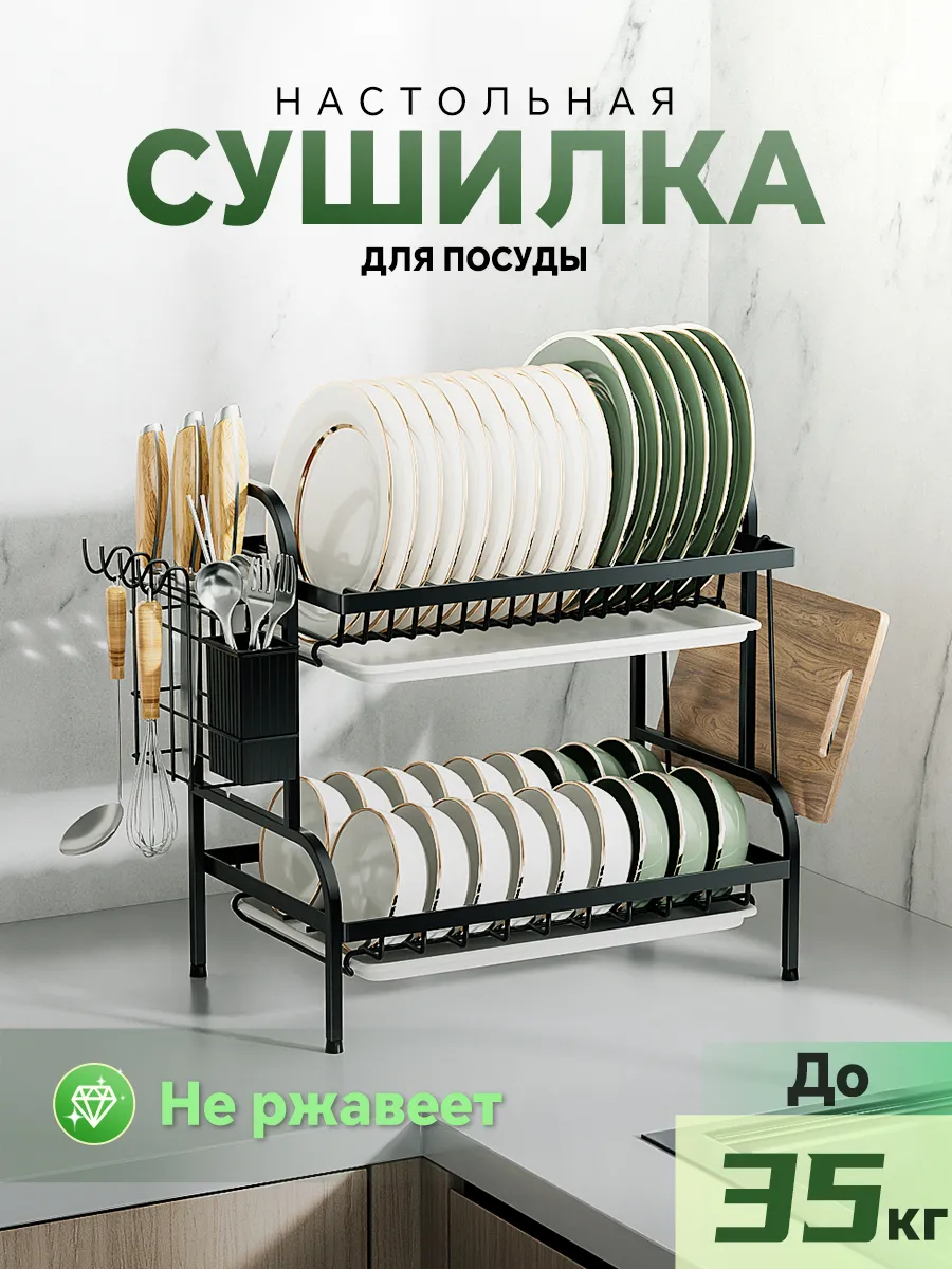 Сушилка для посуды настольная с поддоном черная 40 см