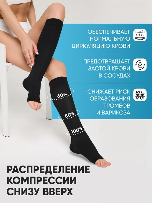 BAZY Гольфы компрессионные 1 класс без мыска при варикозе отеках, черный, фото 2