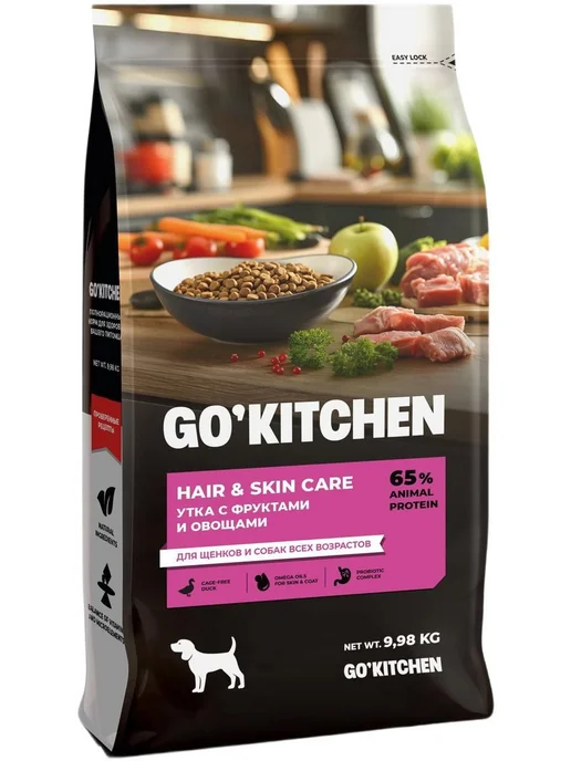 Сухой корм GO'KITCHEN Hair Skin для собак, утка, 9,98 кг