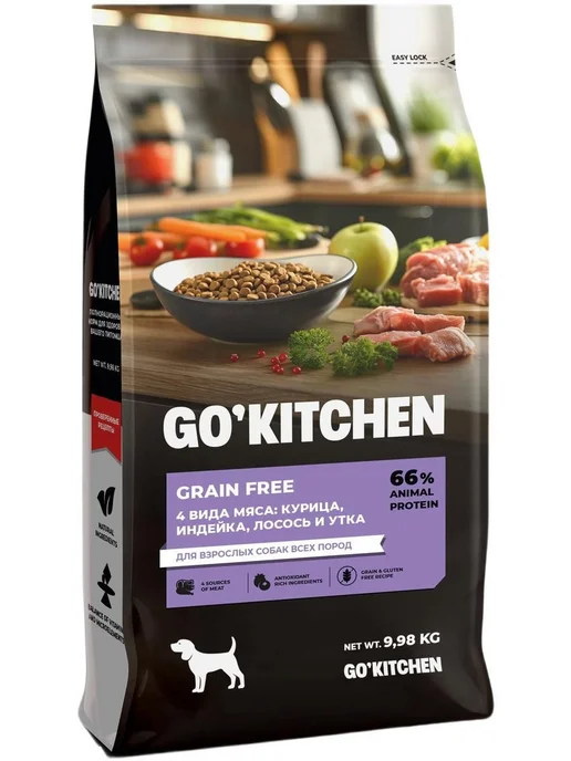 Сухой корм GO'KITCHEN для собак, индейка, курица, лосось, утка, 9,98 кг