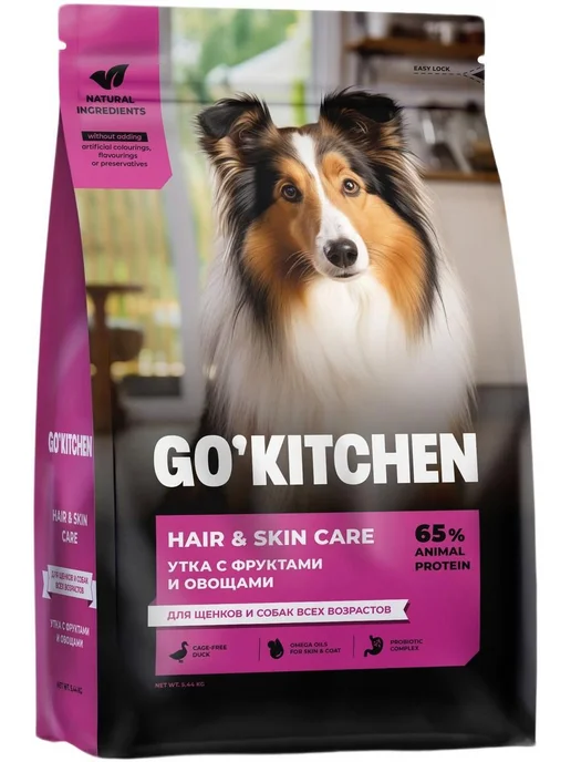 Сухой корм GO'KITCHEN Hair Skin для собак, утка, 5,44 кг