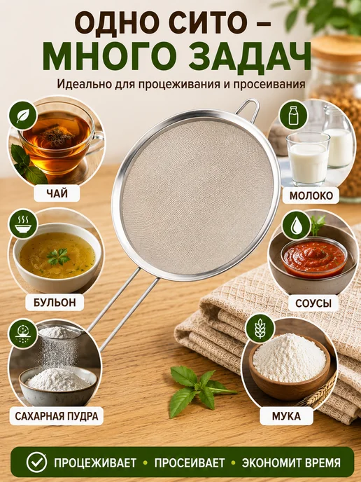 SaidSho Сито кухонное с ручкой, мелкая сетка, из нержавеющей стали, серый, фото 2