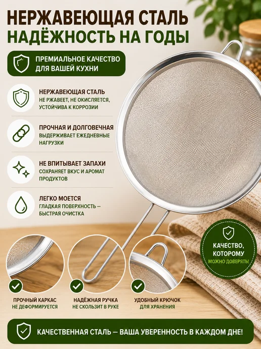 SaidSho Сито кухонное с ручкой, мелкая сетка, из нержавеющей стали, серый, фото 4