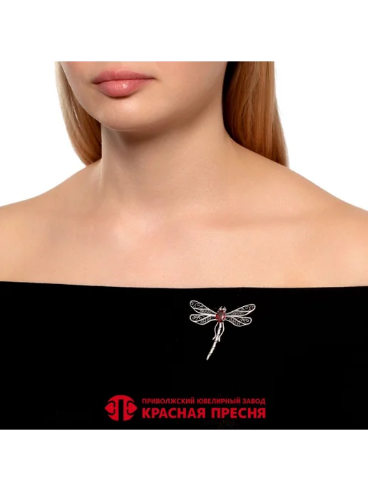 Красная Пресня Брошь Стрекоза с овальным красным фианитом серебро 925, серебристый, фото 3