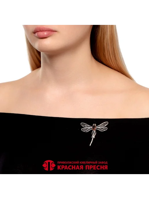 Красная Пресня Серебряная брошь стрекоза с искусственным овальным, серебристый, фото 3