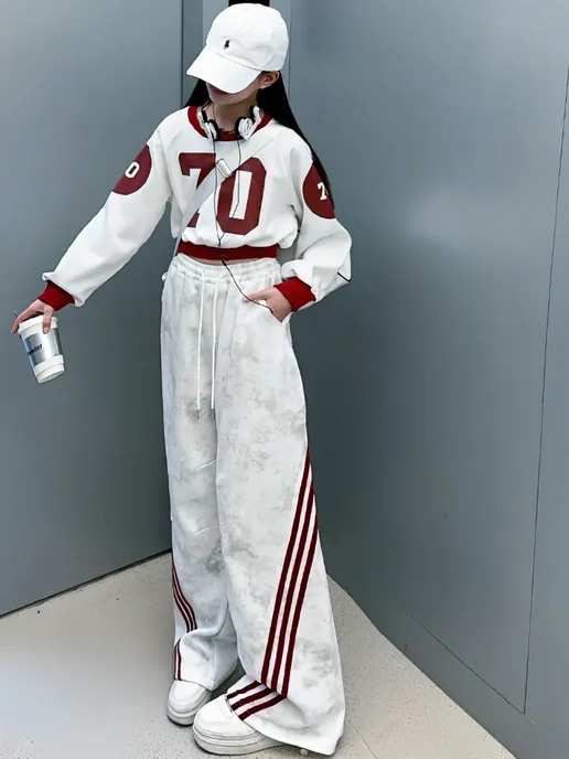 Fashion&Kids Костюм подростковый спортивный варёнка y2k оверсайз, белый, фото 2