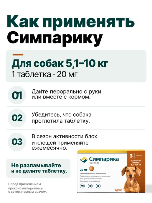 Zoetis Симпарика, 3 табл. по 20мг от блох и клещей, от 5,1 до 10 кг, 10 кг, фото 5