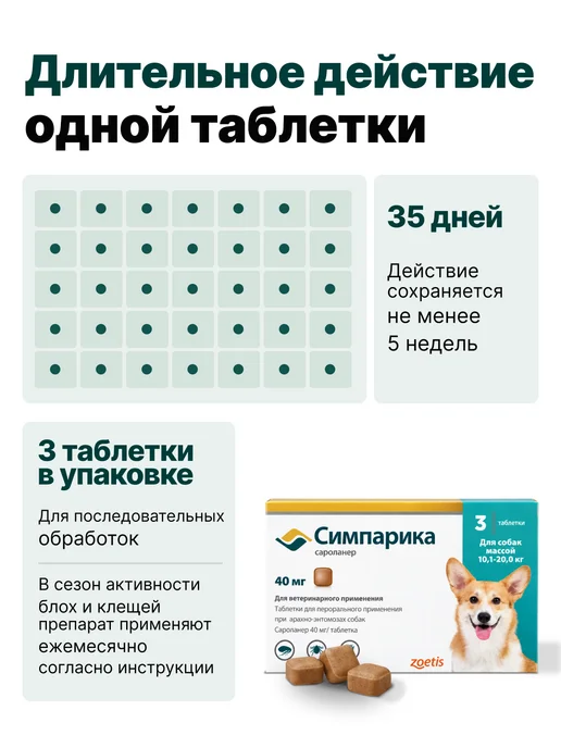 Zoetis Симпарика, 3 табл. по 40мг от блох и клещей, от 10,1-20 кг, 10,12 кг, фото 4
