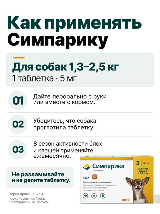 Zoetis Симпарика, 3 табл. по 5мг от блох и клещей, от 1,3 до 2,5 кг, 2,5 кг, фото 5