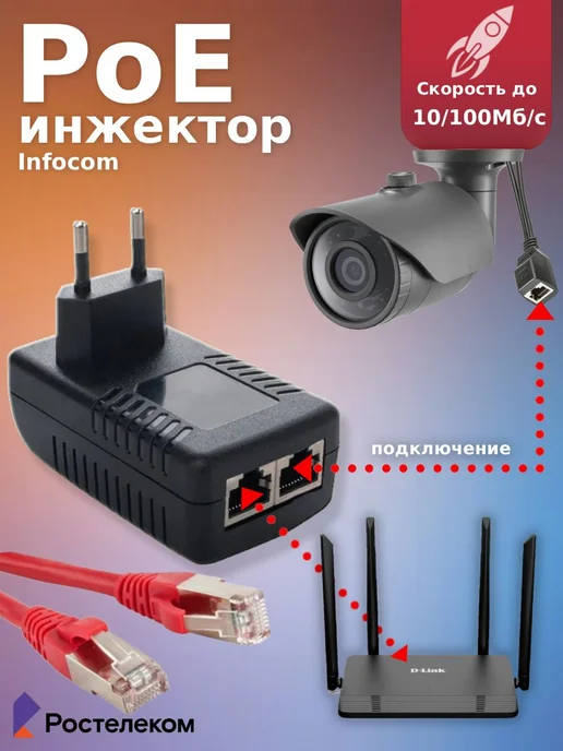 Ростелеком PoE инжектор неуправляемый Infocom-PoE, 10 100BASE-TX 48В, черный, фото 2