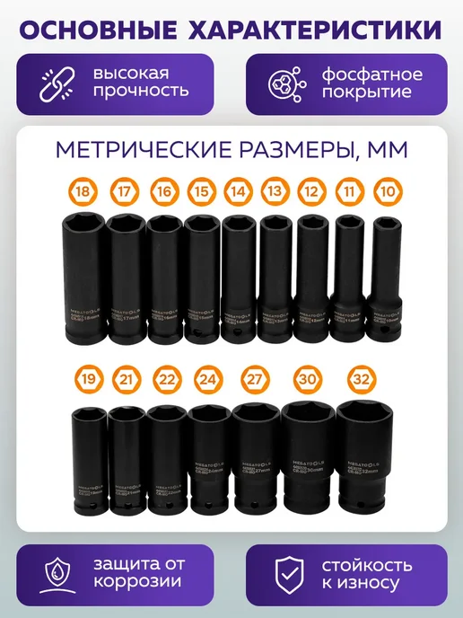 MEGATOOLS Набор 6-гранных ударных глубоких головок 1 2", 16 штук, черный, фото 3