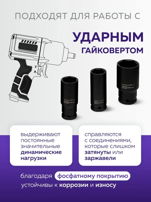 MEGATOOLS Набор 6-гранных ударных глубоких головок 1 2", 16 штук, черный, фото 4