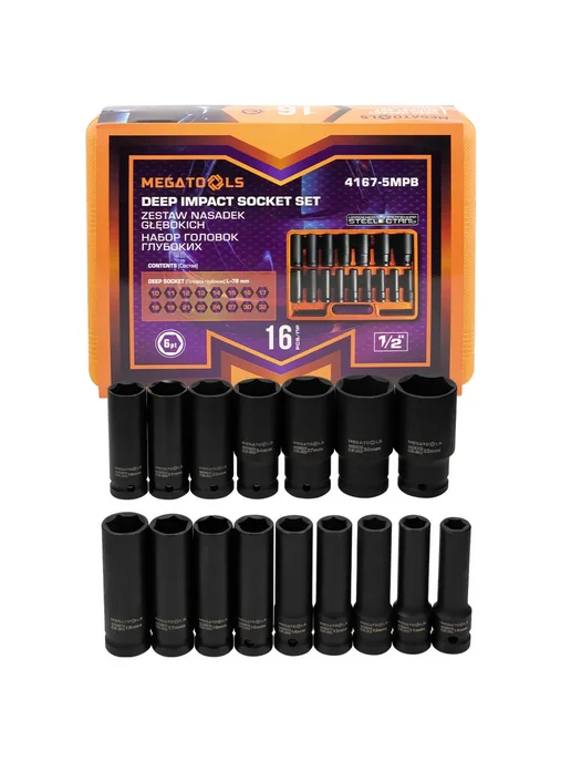 MEGATOOLS Набор 6-гранных ударных глубоких головок 1 2", 16 штук, черный, фото 7