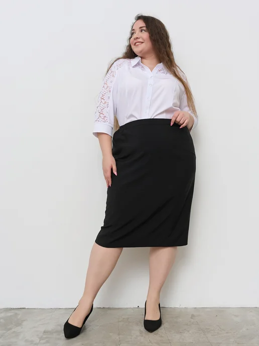 Stylish Plus Size Юбка классическая базовая офисная на подкладке, со шлицей, черный, фото 4