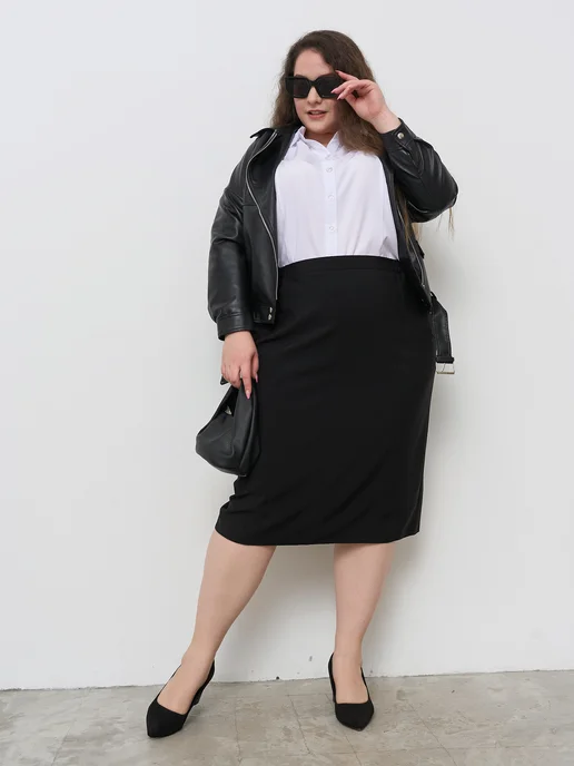 Stylish Plus Size Юбка классическая базовая офисная на подкладке, со шлицей, черный, фото 5
