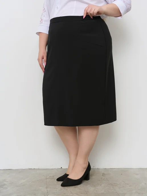 Stylish Plus Size Юбка классическая базовая офисная на подкладке, со шлицей, черный, фото 8