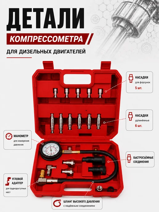 House/Tourism Компрессометр для дизельных двигателей с набором адаптеров, вариант, фото 2